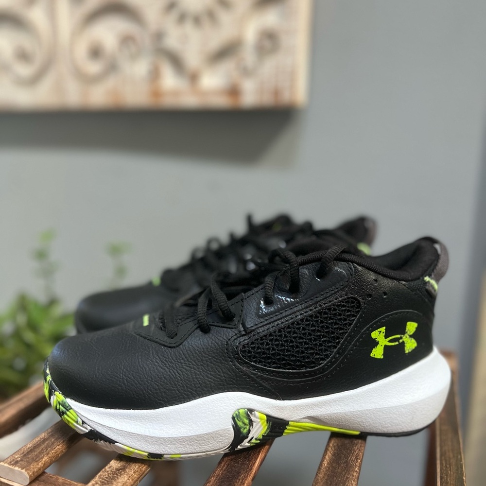 Under Armour Big Kids' Black and Neon Green Sneakers • Size 4.5